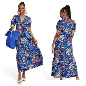 Tabitha Brown for Target Blue Floral Dot Maxi Dress Sz 10 Tropical Beachy Vacay